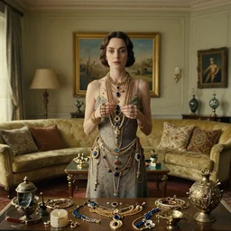 a woman made of jewelry stands in the living room, film still from the movie directed by Denis Villeneuve with art direction by Salvador Dalí, wide lens, 4K, realistic