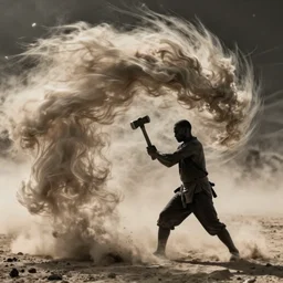 psychedelic dust clouds dancing in the wind, a blacksmith swinging his hammer he is very strong, hyper realistic