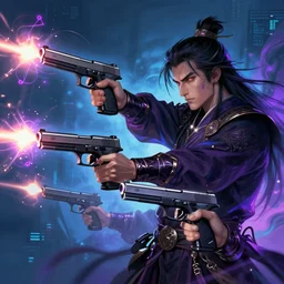 A sorcerer wielding two Glock pistols, bust shot, smooth, intricate, elegant, power aura, neon glowing spells, digital painting, artstation, concept art, high tech fantasy, sharp focus, illustration, art by James Jean