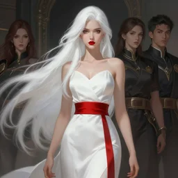 tall girl, white hair, white dress, red lips, red belt, long hair, deep focus, d & d, fantasy, sophisticated, elegant, high detail, digital painting, artstation, concept art, matte, clear focus, illustration, hearthstone, art by artgerm and greg rutkowski, fuji choco, victoria gavrilenko and hoang lep