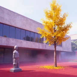 octane render of barcelona pavillion of mies van der rohe in vaporwave style colours, misty fog, a small ginko tree instead of the statue, architecture, 4 k