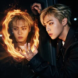 MIN YOONGI is ZUKO, night time, dynamic lighting , looking at his FIRE SCAR reflection, +++ super super super dynamic posing, j.c. leyendecker, Valentina Remenar, thick eyebrows, super serious facial expression