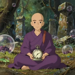 hyperrealist, studio ghibli dull colors portrait cartoon from close encounters of the third kind 1 9 7 7 of a mauve pocketwatch monk meditating in a wide bubble jungle desert stonehenge.