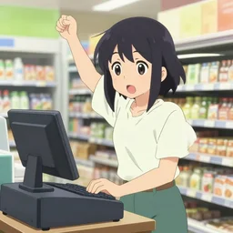 anime visual a young woman in a grocery store operating the cash register, cute face by ilya kuvshinov, makoto shinkai, kyoani, masakazu katsura, dynamic pose, crisp and sharp, yoshinari yoh, rounded eyes, anime poster, flat, cel shaded