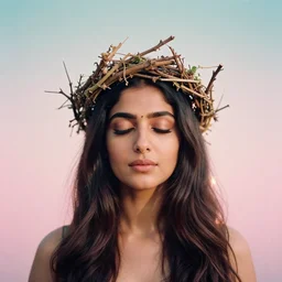 A analog head and shoulder frontal portrait photography of Drashti Dhami wearing an intricate twig crown by Annie Leibovitz. Long hair. eyes closed. soft gradient pastel color background. Backlit. Kodak Color Plus 200 film. Tropical mood. detailed. hq. realistic. warm light. muted colors. lens flare. photoreal. Leica M9.