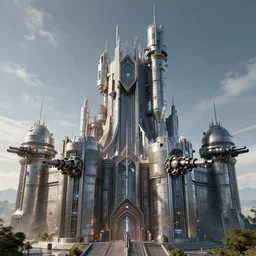 futuristic metal castle with machine guns on he walls