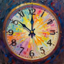 oil painting of a colorful clock face that defies logic