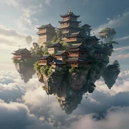 chinese houses floating in sky above the clouds with floating islands, floating islands like avatar, high - tech space cult, dramatic lighting, epic, octane render, volumetric light, unreal engine, artbreeder, 8 k, background, scene, digital, artwork, high quality, 8 k