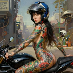 super model cyborg girl with Japanese yakuza full body tattoo in future world, painted by Norman Rockwell and Bosch, in motorcycle helmet