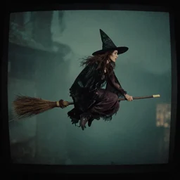 pinhole camera photo of a witch flying on a broomstick