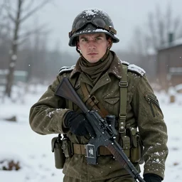 the Cold War soldier, snow, ultra realist and ultra intricate detailed, sensual gloomy style, volumetric lighting, artstation, unreal render, depth of field