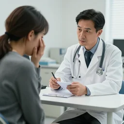a stock image photograph of a doctor diagnosing a terrified patient with being british