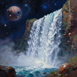 !! waterfall !! in asteroid field, space with stars and cosmos in background, ultra detailed, high quality, very sharp, artstation award winner, ultra realistic, oil painting, digital painting, octane render, vibrant, ultra detailed water