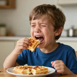 boy crying and screaming while eating waffles