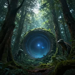 intergalactic stargate portal in the middle of a dense forest, with light shining through the trees and strange creatures lurking in the shadows
