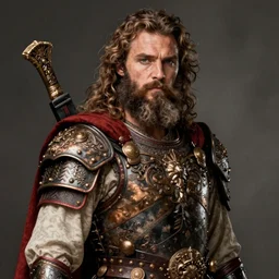 chris pratt ancient corsican, long beard, bronze armor, black red white clothes, intricate, highly detailed, artstation, sharp focus, illustration, jurgens, aleksi briclot, rutkowski, bouguereau, mucha