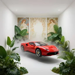 a photo of a white closed room and a futuristic flying red car inside by stuz 0 r and ferrari surrounded by lush green philodendron xanadu vegetation and fog, inside a closed white room with white walls, art by artgerm and greg rutkowski and alphonse mucha, masterpiece
