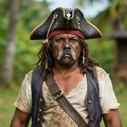 an award winning outdoors portrait photo of a dirty french chubby 1 7 0 0 s dirty caribbean olive tanned pirate with shaved head and curly grey dirty beard, crooked big stern face, blue eyes, wearing a vest and short coat, sunset, movie color graded