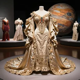 the film still photographed image is of 1 9 0 0 s haute couture opera costume ensemble is featured in a museum exhibit. the gown is inspired by pluto, the dwarf planet, and features a dramatic train and billowing sleeves. vibrant cinematography, anamorphic lenses, upscale, hyper realistic photo, crisp, detailed image in 8 k resolution.