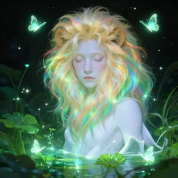 harmony glowing neon tiny butterfly stars, mute, portrait, closed eyes, humanoid androgynous blonde male lion, wearing white fantasy, pond, green 🍃, rainbow hair overlay, beautiful lit, dark background, highly detailed, fantasy art by wlop, craig mullins, thomas kinkade