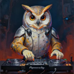 an owl dj in human clothes making techno music, artistic, cartoon, oil painting, futuristic, humanoid, dramatic, very detailed, trending on artstation, surreal