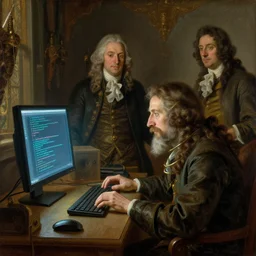 time travelling wizard in his computer study room working with an experimental programming language on a glowing computer, intricate oil painting, by johann peter hasenclever, joseph wright of derby and carl spitzweg