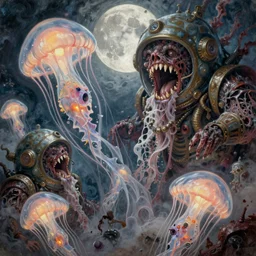 concept art of giant translucent glowing jellyfishes, lovecraftian divers helmet, lots of teeth, melting horror, round moon, rich clouds, fighting the horrors of the unknown, high resolution, very detailed, roaring, volumetric light, mist, grim, fine art, decaying, textured oil over canvas, epic fantasy art, very colorful, ornate, anato finnstark