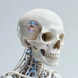 ai biomech, ethereal ultralight skull mechanism, quantum physics, angelic and unsettling, wires, veins, ferrofluid, bismuth, style blend of hideo kojima, shepard fairey, and botticelli, city backdrop is a blend of the vatican, neo - andean architecture and brutalism, 4 k photorealistic, ultra fine inklines