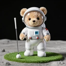 a high-quality photograph of a teddy bear wearing a space suit, playing golf on the moon. Detailed and clear.