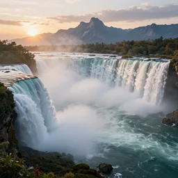 cascade of gigantic niagara falls, epic mountains in the background, dawn, fantasy illustration, matte painting, concept art, volumetric lighting, volumetric atmosphere, morning mist, art by james gurney, unreal engine 5, 8 k