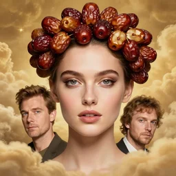 epic portrait of beautiful female face supermodel portrait with sweet fruit dates crown by amy leibowitz, wlop, jeremy lipkin, beeple, intricate, artgerm, ilya kuvshinov, golden clouds background