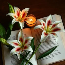it includes a scented candle and lilies. open a book at random. use the third sentence on the page as a starting point for this piece