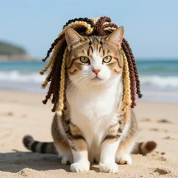 professional photo of a rastafarian cat, enjoying a day at the beach, rasta, rasta wig, beach at the background, studio lighting, very detailed, unreal engine, canon photo, canon, professional lighting, good composition, winning award photo, real cat, real, cg