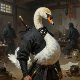 classic oil painting, a swan ninja, as a dnd character, inside a cluttered dojo, epic, extremely detailed, digital illustration, concept art, readability, smooth, sharp focus, art by brothers hildebrandt