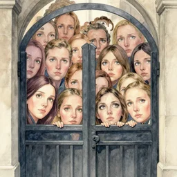 intricate, detailed, 4 k, moderators stare with peering eyes at the viewer. many 👀. an ominous watercolor artwork, the gates of judgement, centered liminal space surrounded by arbiters. a place where experience is nullified and coherency falls apart beyond recognition
