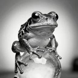 A big black and white cartoon frog with one big eye and one small eye, sitting on top of a backlit glass sphere. Super close-up. Monochrome, 24mm wide-angle. Award-winning photo.