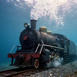A steam train, underwater, sun streaming in, water bubbles, particulate, extremely detailed, studio lighting, Fujicolor 400