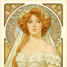 a detailed, intricate art nouveau portrait poster of a young bride who resembles a teenage saoirse ronan and emma watson in a white bridal gown, in a garden of fireflies and glowing lanterns at night, by alphonse mucha, and john william waterhouse