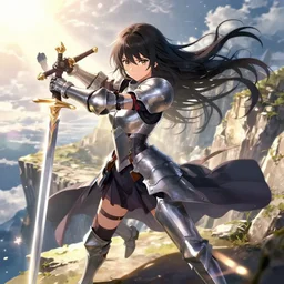 beautiful female knight with sunlight and magic around her swing a sword on the cliffs, dark flowing hair, anime key visual, absurdly beautiful, highly detailed, sharp focus, concept art, granblue fantasy, anime by serafleur / d pin / rongzhen luo / mingdosa / ruan jia / gemi ningen