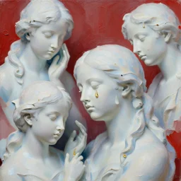 multiple people, made of porcellaine, golden tears, dramatic lighting, red blue pastel color palette, thick paint texture, loose strokes
