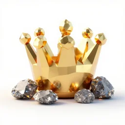 diamond rocks, gold, ember, modern, royal crown, white background, close up, side way, low poly octane, 3D