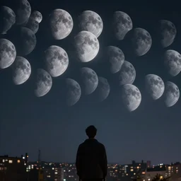 the sky is crowded with many multiple gray moons. a thousand gray moons in the sky. focus on the sky. man looking at the gray moons in the city night sky. moons moons moons moons moons! fantasy art by noah bradley, patrick woodroffe, chris rahn, arkhip kuindzhi. extremely high details, realistic, masterpiece, artstation contest winner