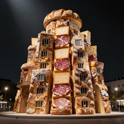 a towering impressive building made of bread, cheese, and lunchmeat, dramatic lighting, bokeh, designed by frank gehry