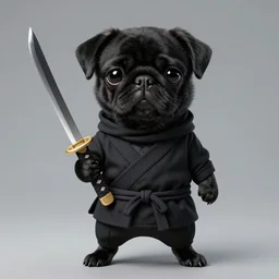 professional studio illustration of a cute and sad black pug puppy dressed as a ninja holding a katana, editorial fashion digital art, photo by sebastiao salgado