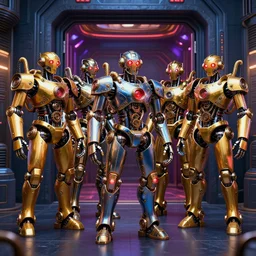 7 golden and blue metal humanoid steampunk robots wearing and gears and tubes, eyes are glowing red lightbulbs, shiny crisp finish, 3 d render, 8 k, insaneley detailed, fluorescent colors, background is an entrance door to a futuristic nightclub, nightlight