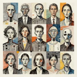 anthropomorphic social bot network artificial intelligence portrait covering all horizontals, in style of expressive brutalism