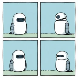 3 panel cartoon strip about a lonely robot, by bill watterson