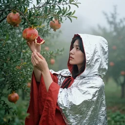 a closeup portrait of a woman wearing a hooded cloak made of mylar and polyester, picking pomegranates from a tree in an orchard, foggy, moody, photograph, by vincent desiderio, canon eos c 3 0 0, ƒ 1. 8, 3 5 mm, 8 k, medium - format print