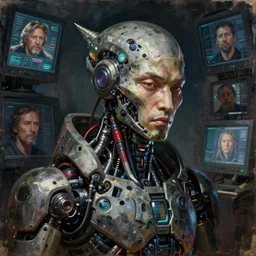 cinematic bust portrait of a Japanese male cyberpunk cyborg, head and chest only, exotic alien features, grunge, grime, tech-noir, low-key, glowing lights, robot parts, computer monitors, Tim Hildebrandt, Wayne Barlowe, Bruce Pennington, donato giancola, larry elmore, oil on canvas, masterpiece, trending on artstation, featured on pixiv, cinematic composition, dramatic pose, beautiful lighting, sharp, details, hyper-detailed, HD, HDR, 4K, 8K