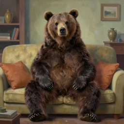 a grisly bear sitting upright on a couch in a 1 9 9 0 s style living room. featured on artstation. painting. beautiful use of colors